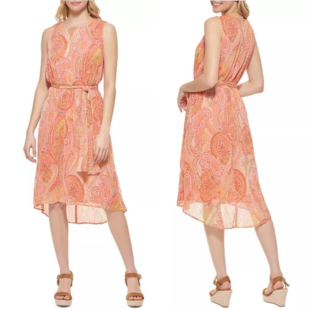 Tommy Hilfiger Casbah Paisley Chiffon High-low Midi Dress, Coral Multi, Size 18